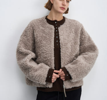 Fluffy Wool Zip-Up Crew Neck Coat