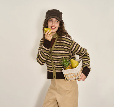 Cropped Color-Block Wool Blend Cardigan