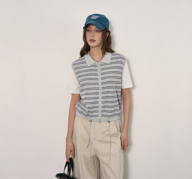 Patchwork Collar Zipper Short Sleeve: Retro Meets Modern