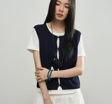 Round-Neck Faux Two-Piece Cardigan