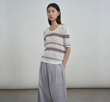 Color-Blocked Lace-Up Openwork Top