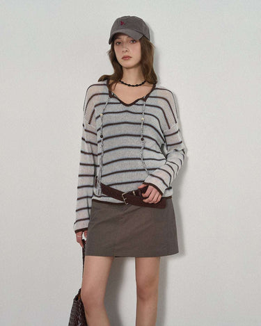 Striped Drawstring Fringe Sweater with 90s Vibe