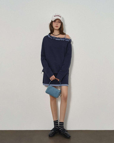 Chic Off-Shoulder Casual Set with Navy Plaid Lace Trim