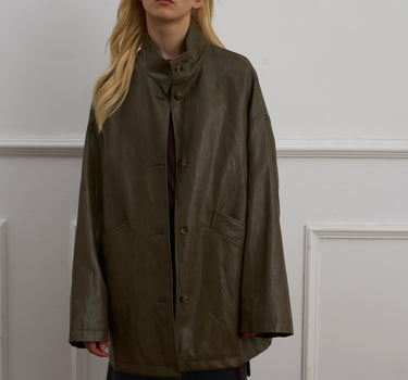 Single-Breasted Stand Collar Leather Jacket