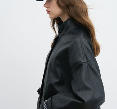 Modern Patchwork Single-Breasted Leather Coat