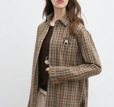 Cute Puppy Embroidered Oversized Plaid Shirt