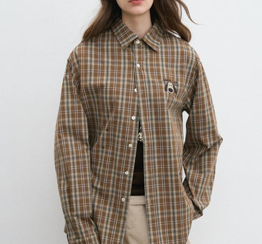 Cute Puppy Embroidered Oversized Plaid Shirt