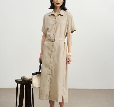 Tailored Short-Sleeve Dress with Adjustable Belt