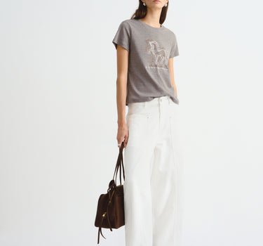 Fitted Cotton Graphic T-Shirt with Horse Embroidery