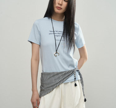 Detachable Striped Shawl-Sleeve Letter T-Shirt