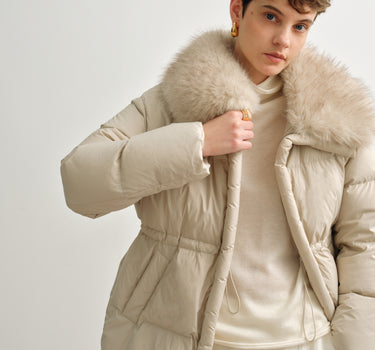 Waist-Cinching Down Jacket with Fur Collar