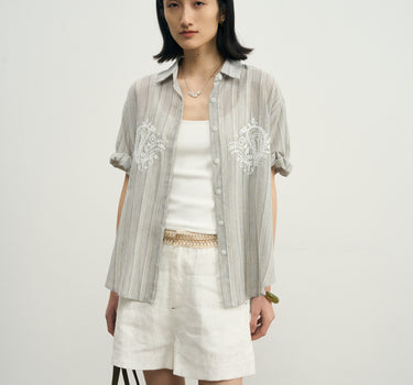Vacation-Style Striped Embroidered Shirt