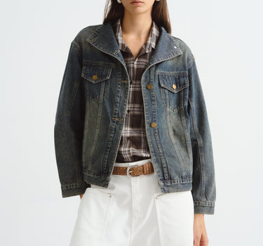 Women’s Vintage Cropped Denim Jacket with Stand Collar