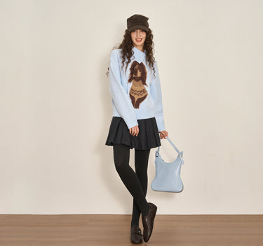 Oversized V Neck Button Knit with Dog Motif