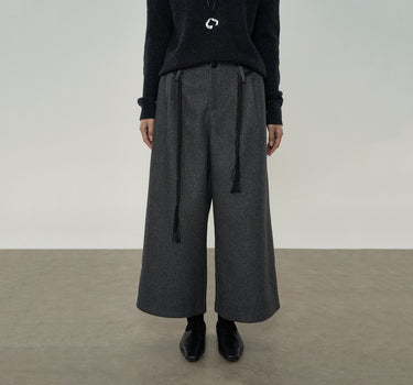 Wool-Texture Wide Leg Pants with Braided Belt