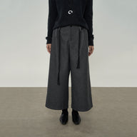 Wool-Texture Wide Leg Pants with Braided Belt