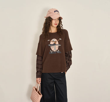 Retro Print Faux Two-Piece Fall Long Sleeve