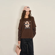 Retro Print Faux Two-Piece Fall Long Sleeve