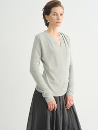 Women’s V-Neck Wrap Knit Sweater with Side Pleats