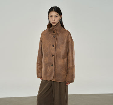 Mid-Length Shearling Coat with Foldable Collar