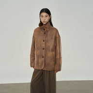 Mid-Length Shearling Coat with Foldable Collar