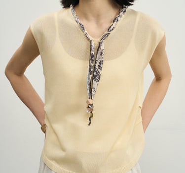Silk-Print Knit Sweater with Scarf Tie