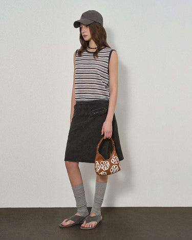 Distressed Workwear Denim Skirt with Patchwork Details