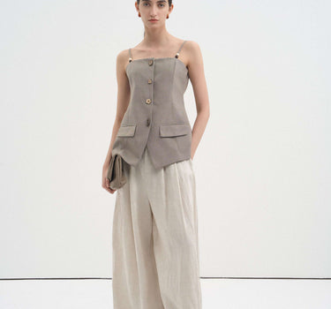 Linen Blend Textured Pleated Wide-Leg Pants