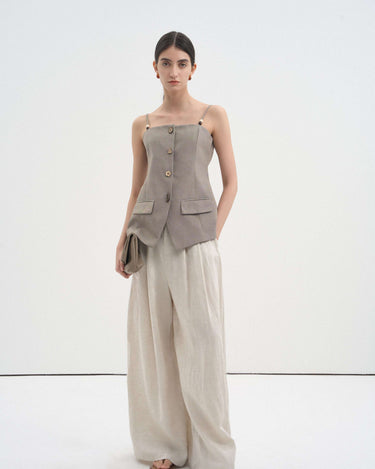 Linen Blend Textured Pleated Wide-Leg Pants
