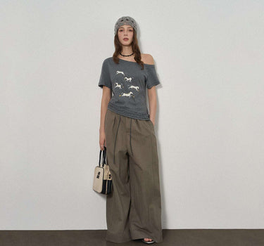 Unique Off-Shoulder Short Sleeve Top with Horse Embroidery