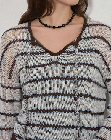 Striped Drawstring Fringe Sweater with 90s Vibe