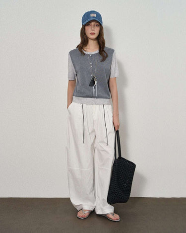 Faux Two-Piece Knit Short-Sleeve Top