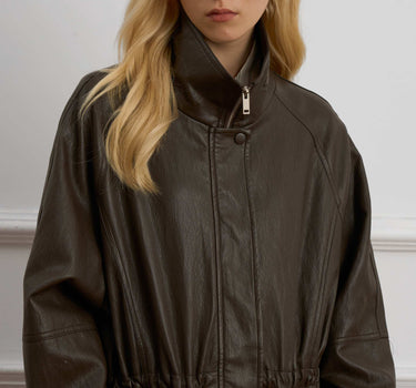 Stand Collar Zipper Leather Jacket for Women