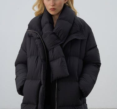 Black Mid-Length Down Jacket with Scarf Collar