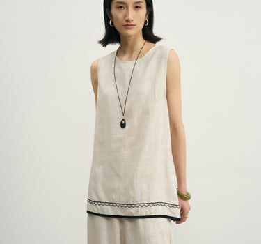 Embroidered Hem Linen Blouse & Pants Set
