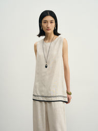 Embroidered Hem Linen Blouse & Pants Set