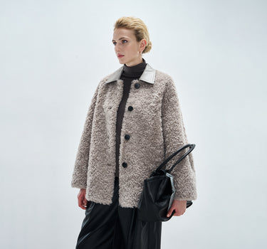 Light Gray Leather-Collar Winter Jacket