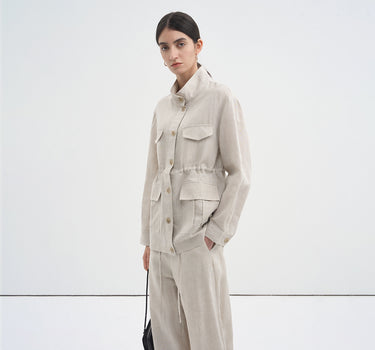 Linen Blend Drawstring Utility Pocket Shirt