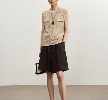Double-Pocket Openwork Knit Vest