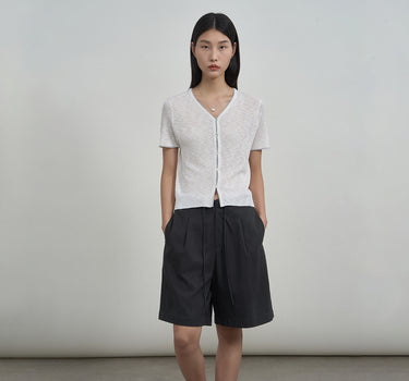 V-Neck Short-Sleeve Shirt with Ribbed Hem