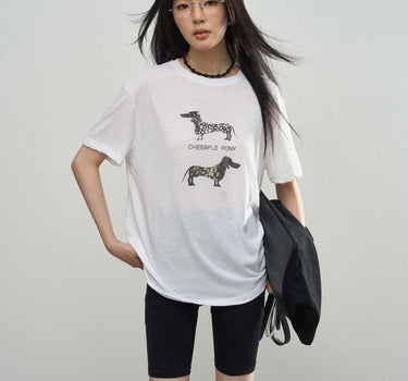 Casual Puppy Print T-Shirt with Dachshund Graphic