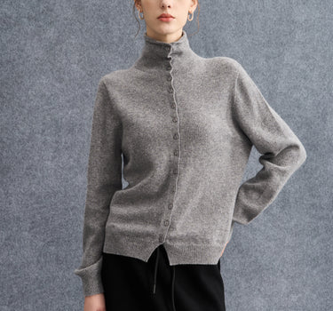 Soft All-Wool High-Neck Long-Sleeve Cardigan