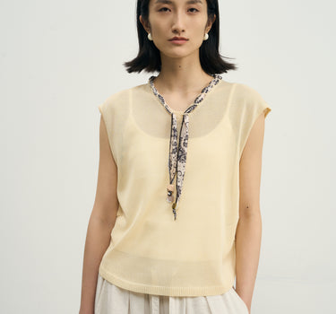 Silk-Print Knit Sweater with Scarf Tie
