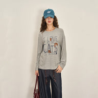 Cute Kitten Print Knit Top for Everyday Wear