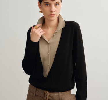 Layered Shirt-Collar Knit Cardigan