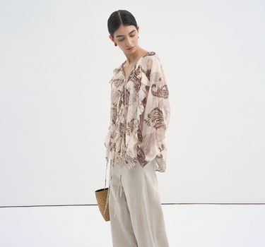 Printed Ruffle-Sleeve Long-Sleeve Blouse