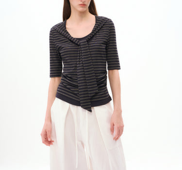 Fitted Striped Blouse with Tie-Front Detail