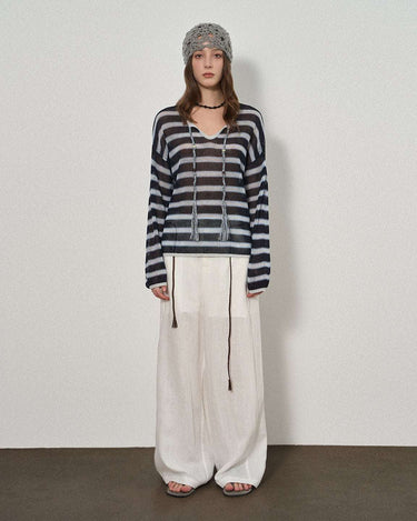 Striped Drawstring Fringe Sweater with 90s Vibe