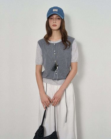 Faux Two-Piece Knit Short-Sleeve Top