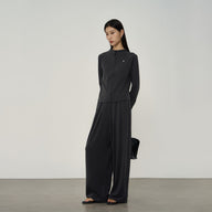 Stand Collar Knit Top and Wide Leg Pants Two-Piece Set